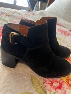Franco Sarto  Black Suede Ankle Booties Boots with Gold Buckle